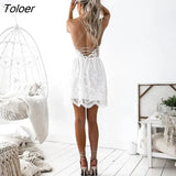 Party Dress Sexy White Pink Deep V Neck Backless Lace Short Dress Women Casual Bandage Spaghetti Strap Sleeveless