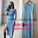 and winter sexy French slit sweater dress female slim tight-fitting hip-knit over-the-knee