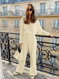 2 Piece Set Women Office Pleated Outfit Loose Elegant Long Sleeve Shirt And Pant Suit Ladies Autumn Wide Leg