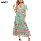 V-Neck Short Sleeve Summer Dress Floral Printed Bohemian Maxi Dresses Casual Beach Women Clothing 2023 Female