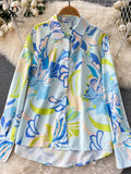 Print Fashion Casual Two Pieces Suits Long Sleeves Blouse+ Hight Waist Wide Leg Long Pants Office Lady Autumn