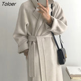 Vintage Belted Wool Coat Woman Thicken Gray Chic Long Jacket Female Winter Autumn Korean Fashion Woolen & Blends