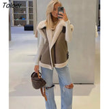 Suede Leather Thick Fleece Jacket Autumn Winter Women Splice Sleeveless Faux Shearling Jackets Vest Y2K Cardigans