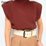 Streetwear Turtleneck Sweater Sleeveless Shoulder Pads Fashion Wram Pullover Office Stretch All-Match Winter Top Women