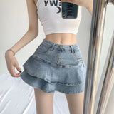 Sexy Ruffle Mini Skirt Denim Women Summer Vintage Cute High Waist Patchwork A-line Short Jeans Skirt Gyaru