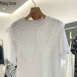 Woman Tshirts Lace Hollow Out Crochet Turn Down Collar Patchwork Short-sleeved Shirt Summer Casual Tops Clothing