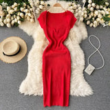 Spring Summer Dress Knitted Solid Sqaure Neck Sexy Bodycon Dresses for Women Stretch Vestidos Short Sleeve