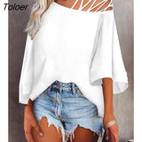 Women's T-Shirt Cold Shoulder Bell Sleeve Top Sexy Hollow Slash Neck Short Sleeve Shirt Elegant White Black Daily Female