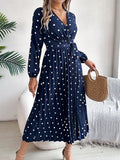 Shooting 2025 Autumn And Winter Elegant Bump Color Wave Point Cross V Collar 100-Fold Long Dress Women's