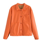 Women Faux Leather Jacket Biker Orange Blouse Coat Turndown Collar PU Motorcycle Jackets Loose Streetwear