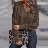 3XL Hollow Out Clothes Fashion Green Elegant Loose Lace Stitching Knitwear Blouses Women Long Sleeve V Neck Tops