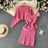 Women Sexy Knitted Two Pieces Suits Short Loose Pullover Top+Midi Camis Dress Striped Winter Streetwear Sweater