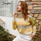 Casual turtleneck plaid women sweater Autumn winter long sleeve knitted sweater female Streetwear ladies pullover