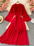 Autumn Purple/Orange/Red Draped Long Dress Boho Round Neck Flying Sleeve High Waist Elegant Vacation Beach Robe Bohemian