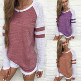 Fashion New Summer Hit-Colored Stripe Splicing Long-Sleeved T-Shirt Round Collar Top