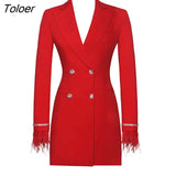 Double-Breasted Crystal Buttons Feather Fur Embroidered Sleeve Cuff Backless Back Kyehole Blazer Dress with Peak