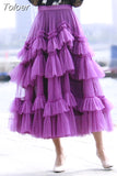 Casual Purple Patchwork Ruffle Ball Gown For Women High Waist Design Solid Elegant Mesh Skirts Female Summer Fashion