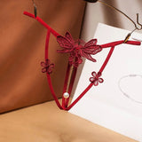 Tback temptation underwear female hollow embroidery thong sexy pearl pendant free open transparent sexy t pants