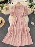 Boho Women Floral Printed dress V neck Puff-Sleeve dresses summer Ruffles beach midi