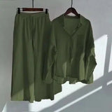 Fashion Lapel Women Two Piece Suit Cotton Linen Shirt High Waist Casual Pants Oversized Suit Women Sweatshirt
