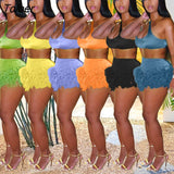 Solid Feather Fringe Shorts Crop Top Two Piece Set Summer Streetwear Women Sexy Bodycon Tracksuit Party Outfits