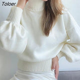 Turtleneck Sweater Women Knitted Loose Long Sleeve Top Casual White Pullover Autumn Winter Solid Basic Sweaters