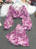New Summer Fashion All-match V-neck Lantern Sleeve short Shirt + high waist slim floral Skirt 2-piece