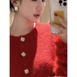 Small Fragrant Red Hairy Long-Sleeved Sweater Women's Autumn And Winter Unique Beautiful Hairy Sleeve Knitted Open Shirt