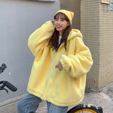 Hooded Ladies Plus Velvet Thick Coat All-match Jacket Pure Yellow Sweet and Cute Autumn and Winter Lamb Wool Loose Coat
