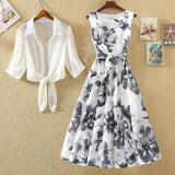Suit Women's Fashion 2022 Summer New Korean Bandage Retro Sleeveless Printed Chiffon Dresses Chiffon Blouse Two-Piece