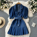 Women Summer Retro Short Denim Dress Solid Button Sexy Slim Dress Korean Elegant Streetwear Ruched pleated