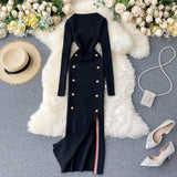 Women Sexy Split Knitting Dress Autumn Winter O Neck Long Sleeve Dress Korean Elasticity Warm Sheath Sweater