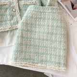 2 Piece Sets Women Korean Vintage Temperament Elegant Long Sleeve Button Tweed Short Jacket High Waist Bodycon Skirt
