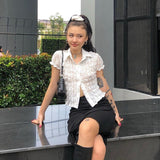 Korean Fashion Lace Shirts Fairycore Hollow Out Crop Tops Summer See Through Short Sleeve Blouse Japanese Streetwear
