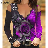 Women Cold Shoulder Blouse Fashion Floral Print Colorblock Lace Trim Beaded Top Casual Elegant Long Sleeve T-Shirt