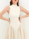 Elegant Slim Long Dresses For Women Stand Collar High Waist Patchwork Pleasted Solid Dress Female Summer Clothing 2023
