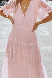 Women Off Shoulder Lace Patchwork Elegant Dress Casual Bohemian Deep V Neck Short Sleeve Loose Vestidos Summer