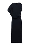 Fashion Women's Knitted Dress Round Collar Asymmetry One Shoulder Half Sleeve Pleated Black Dresses Spring 2023 New