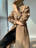 Women Coffee Color Long Bandage Trench New Lapel Long Sleeve Loose Fit Windbreaker Fashion Tide Spring Autumn 2023