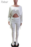 Ruched Drawstring 2 Piece Set for Women Otufits One Shoulder Long Sleeve Crop Top and Stacked Skinny Pant Loungewear