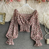 Wooden Ear Print Blouse Holiday Beach Style Slim Fit Pleat Blusas Square Collar Off Shoulder Chiffon Shirt