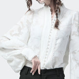 Lace Women's Shirts Lantern Long Sleeves Stand Collar Korean Shirt Blouse Female 2022 Autumn Fashion