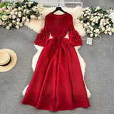 Court Dress Female Design Tuxedo V Collar Long Three House Press Folding Horn Sleeve Dress