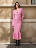 V-Neck Loaf Side Long Sleeve Open Shirt Bag Hip Fishtail Long Dress Elastic Knitted Two-Piece Suit