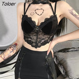 PU Leather Spaghetti Strap Front Buckle Hollow Out Y2K Gothic Crop Top Sexy T-shirt Women Rock Punk Street