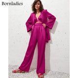 Women 3 Pieces Sets Long Sleeve Loose Belt Satin Blazer Coat High Waist Pants Legs Adjustable Pants Female Sexy