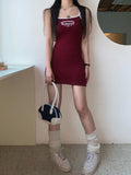 Red Sexy Bodycon Dress Women Korean Fashion Vintage Preppy Summer Slim Sleeveless Casual Spaghetti Strap Mini