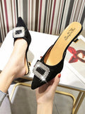 Graduation party Rhinestone Square Buckle Slipper Women Shoes Woman 2020 Summer New Thin High Heels Pointed Toe Slippers Slides Sexy Ladies