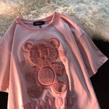 T-Shirt Kawaii Bear Flocking Pattern Cute Casual Loose T-Shirt Round Neck Summer Harajuku Street Couple
