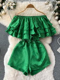 Sexy Slash Neck Off Shoulder Ruffle Rompers Women Summer Elegant High Waist Wide Leg Playsuits Green/White/Black Jumpsuits